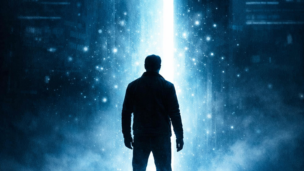 Una figura in controluce davanti a una porta che si apre su una luce intensa — Disclosure Day