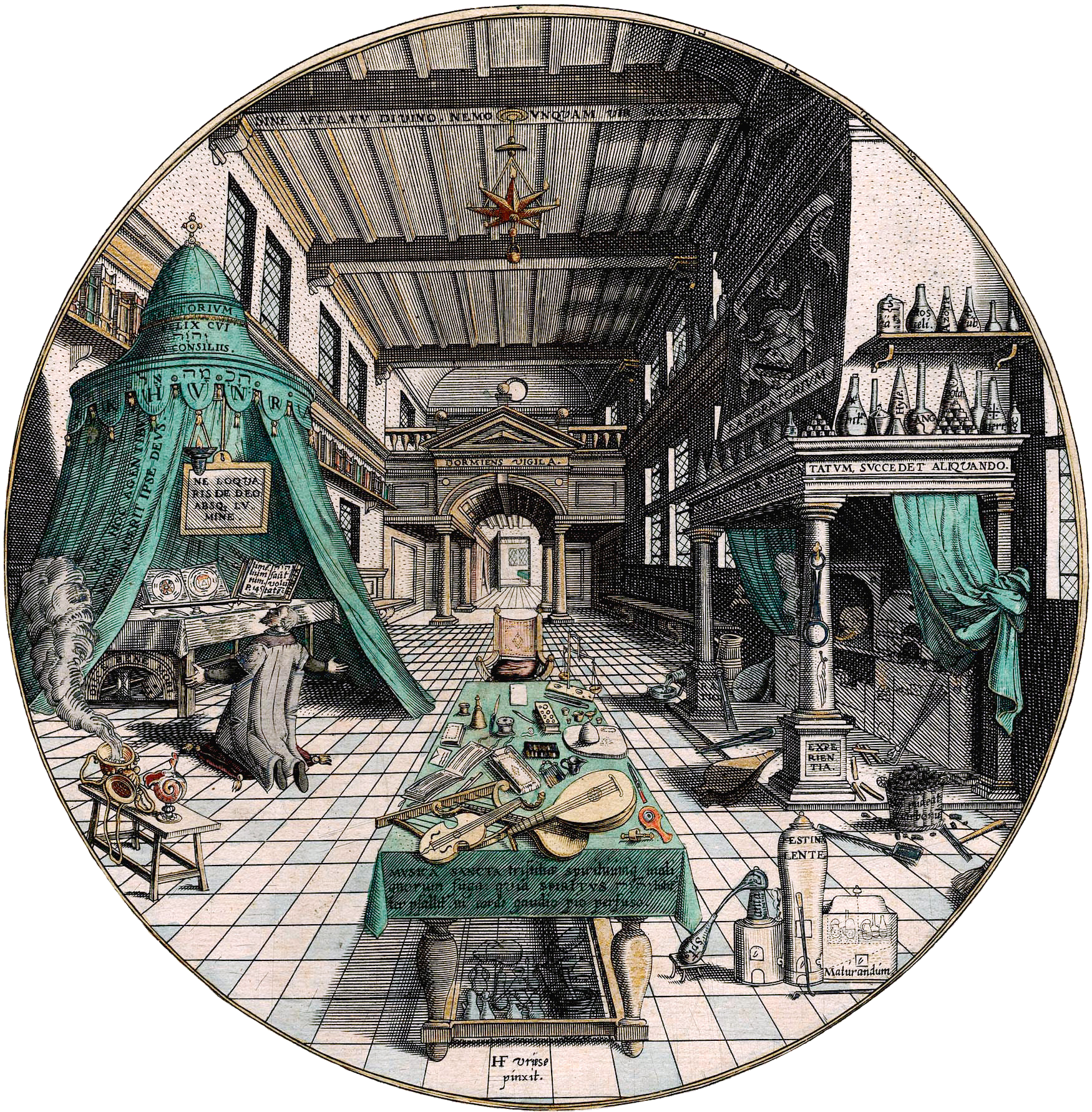 Il laboratorio dell'alchimista, incisione rinascimentale di Hans Vredeman de Vries
