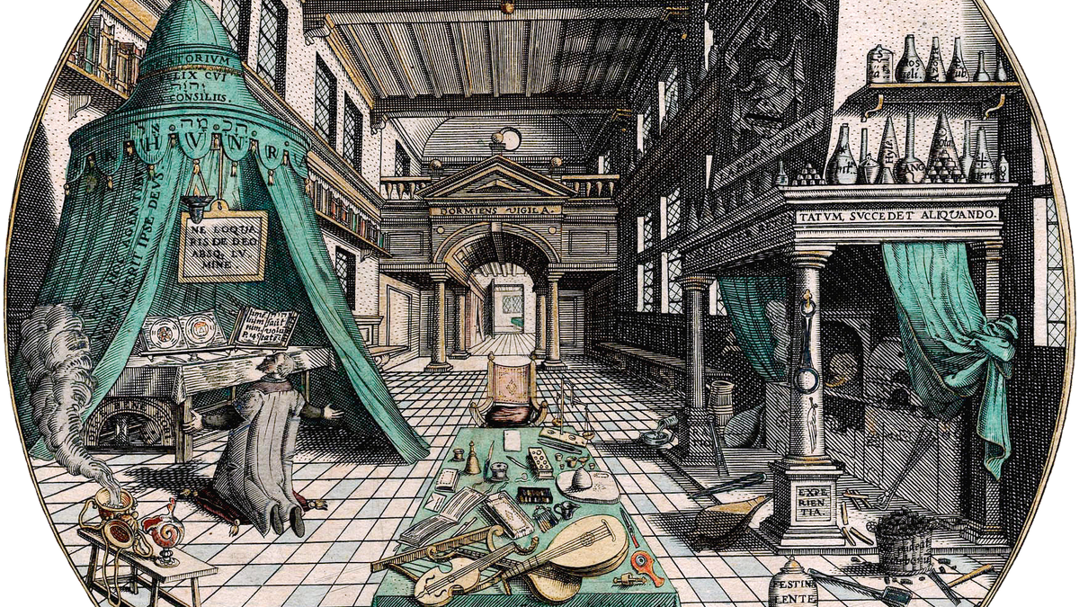 Il laboratorio dell'alchimista, incisione rinascimentale di Hans Vredeman de Vries