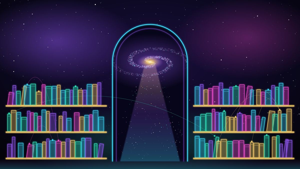 Biblioteca cosmica: scaffali di libri luminosi ai lati di una finestra ad arco aperta su una galassia a spirale
