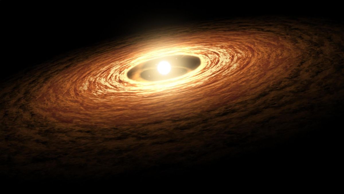 Illustrazione di una giovane stella circondata dal suo disco protoplanetario di gas e polvere
