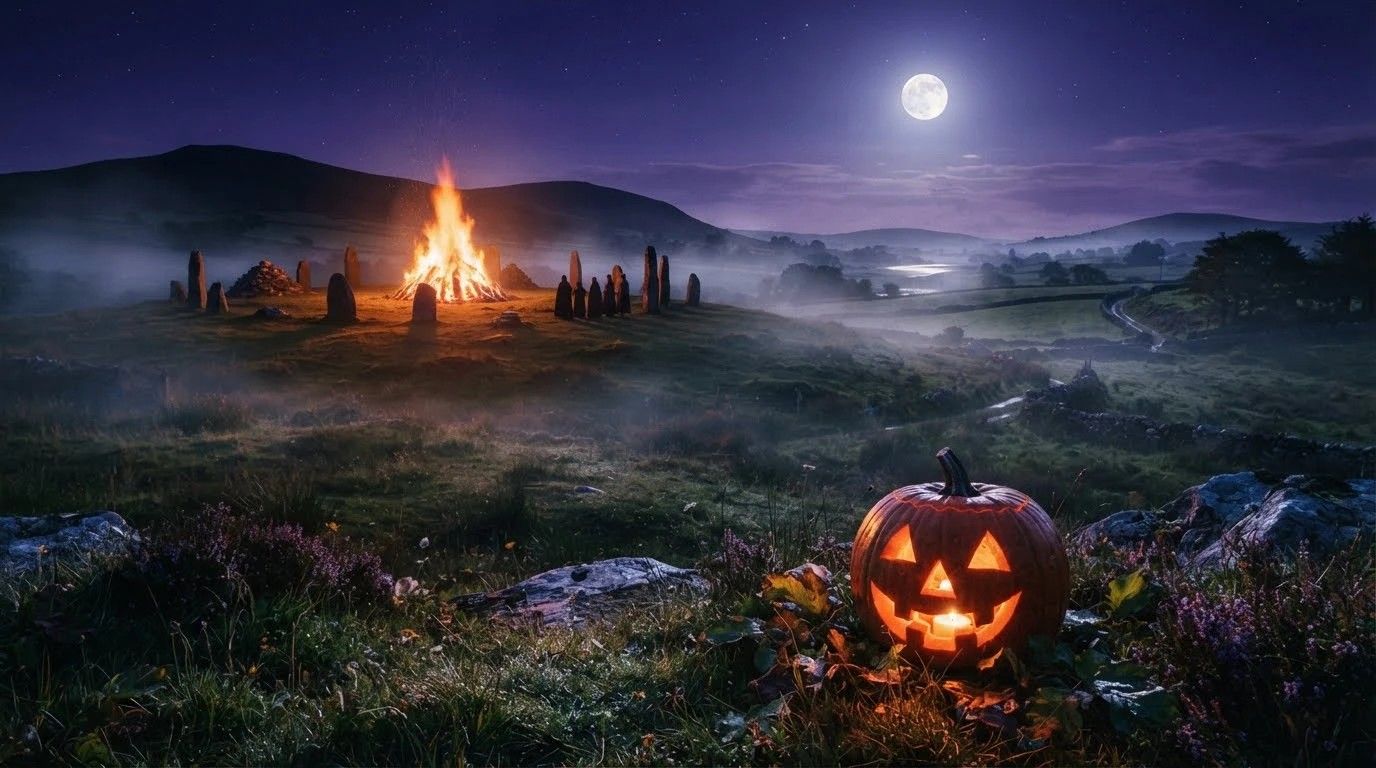 Notte di Samhain: un grande falò al centro di un cerchio di pietre antiche su una collina irlandese, sotto la luna piena, con la nebbia e una zucca intagliata illuminata in primo piano