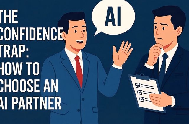 Illustration of an overconfident consultant making sweeping AI claims while a skeptical executive evaluates them against an objective checklist — the central metaphor of the article.