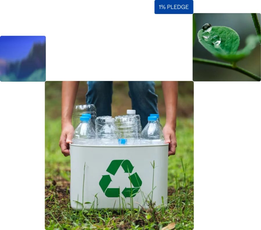 Pledge 1% collage with service imagery and a recycling photo.
