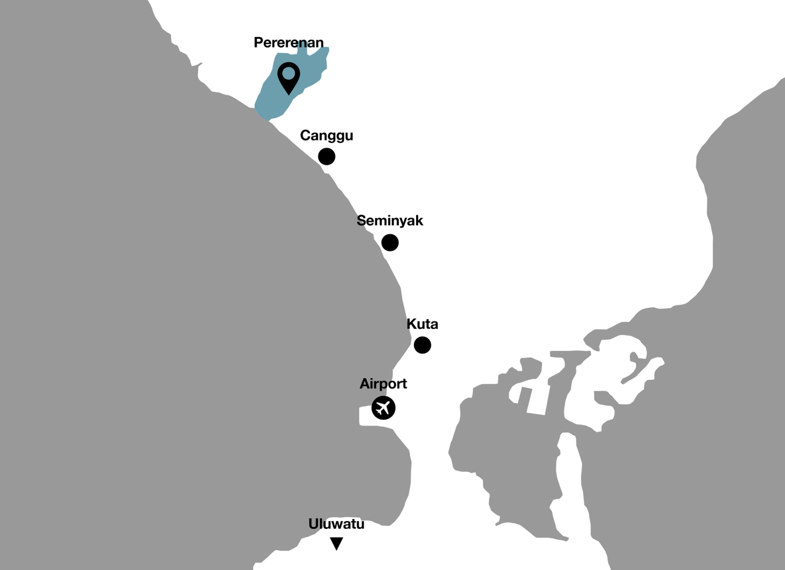 Simplified map showing Pererenan highlighted in teal blue with location pin marker on the western coast of Bali, positioned north of Ngurah Rai Airport and surrounding areas Canggu, Seminyak, Kuta and Uluwatu, with grey ocean waters and white island landmass.