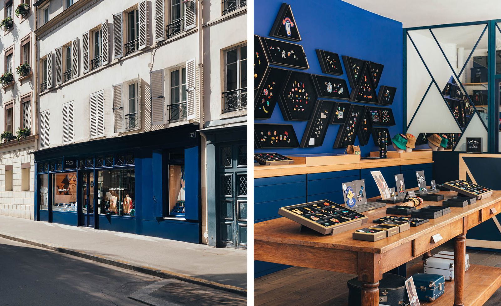 Two views of Macon et Lesquoy in Paris: on the left, the striking deep cobalt blue shopfront with cross-hatched glazing bars set into a classic cream stone Haussmann streetscape of shuttered windows, wrought iron balconies and window boxes, bright morning sunlight casting sharp shadows across the footpath; on the right, the cobalt blue interior with an antique honey-toned timber haberdashery table laden with black velvet brooch trays, diamond and hexagonal display frames covering the walls in an artful geometric arrangement, and triangular mirrors multiplying the collection into infinity, together capturing the singular beauty of one of Batignolles' most beloved boutiques.