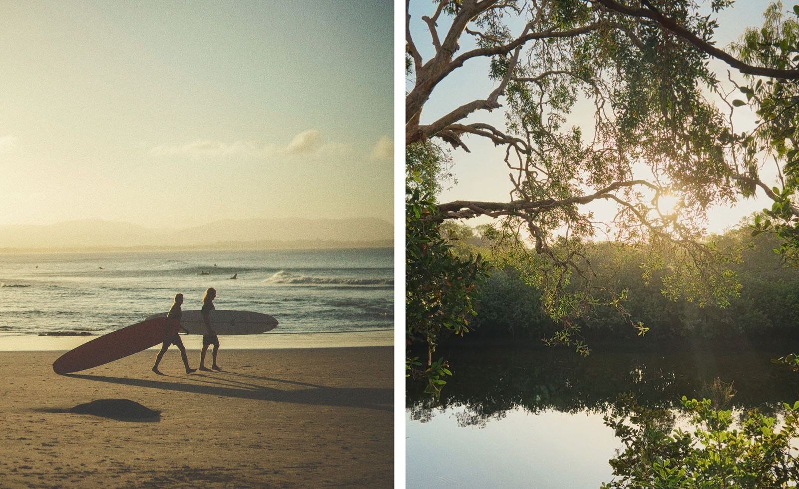 Two scenes capturing the natural beauty of Brunswick Heads: on the left, two surfers carrying a terracotta red and a white longboard along the golden sand at sunset, distant waves breaking gently behind them as warm hazy light dissolves into a pale horizon; on the right, the still waters of the Durungbil (Brunswick River) reflecting a canopy of silver-barked eucalyptus and dense mangroves glowing in soft golden late afternoon light, evoking the serene and unspoiled character of this cherished Northern Rivers landscape.