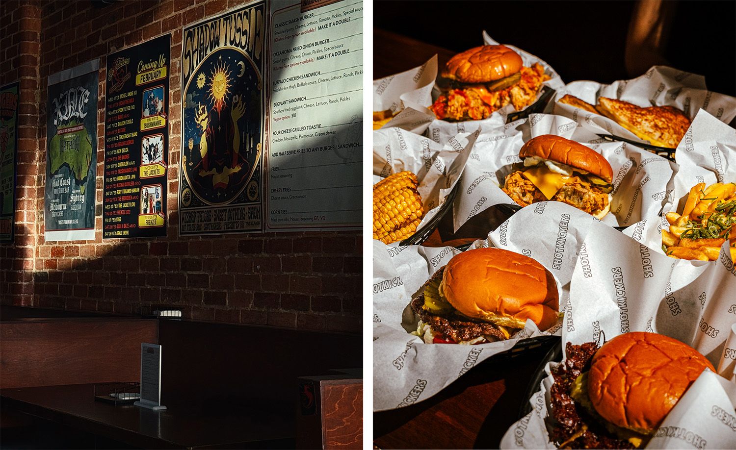 Two scenes from Shotkickers in Thornbury: on the left, warm afternoon light raking across a dark red brick wall covered in bold gig posters and a handwritten February events calendar, the moody empty bar interior evoking the atmosphere of a beloved live music venue between shows; on the right, an abundant spread of golden brioche smash burgers wrapped in branded Shotkickers paper, corn ribs, cheesy fries and loaded sides piled high on a dark table, capturing the gloriously indulgent and unpretentious food and music spirit of this much-loved neighbourhood bar.