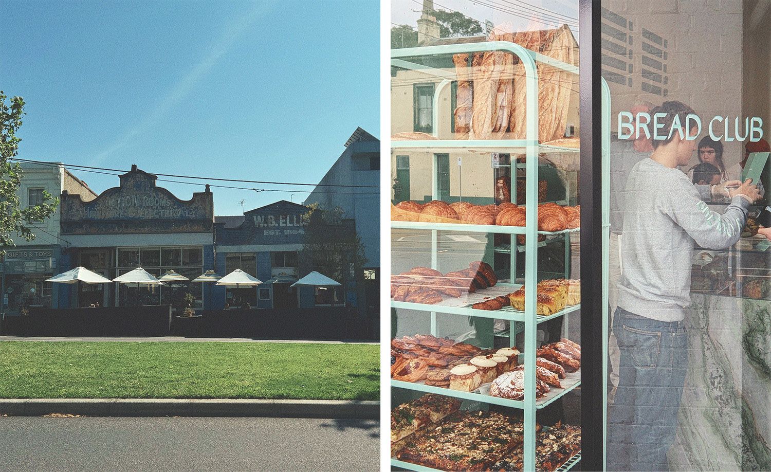 Two scenes from North Melbourne: on the left, the heritage facade of Auction Rooms café across a lush green median strip, its ornate Victorian parapet with faded ghost signage reading W.B. Ellis Est. 1864 above a row of white market umbrellas on a brilliant sunny day; on the right, the window display of Bread Club bakery, a mint green steel rack laden from top to bottom with golden croissants, pastries, focaccia, fruit loaves and iced scrolls visible through the glass beside the painted white Bread Club lettering, a customer browsing inside captured in the film-grain reflection, together evoking the rich and characterful food culture of this beloved inner-north Melbourne neighbourhood.