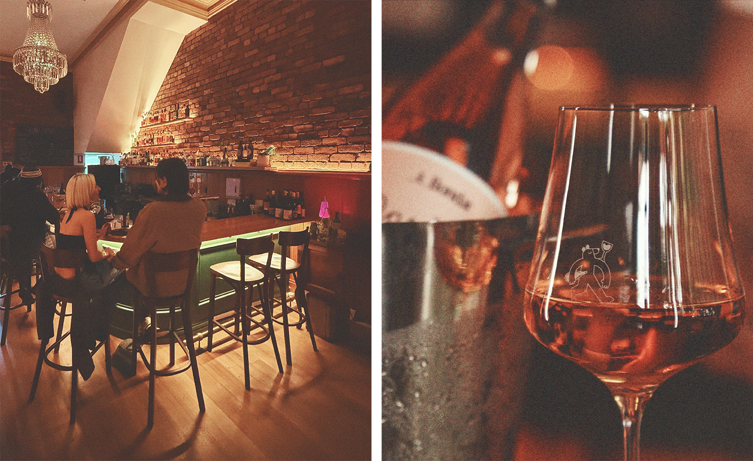 Two intimate scenes from Bear's Wine Bar in North Melbourne: on the left, two patrons seated at the warmly lit bar counter beneath a dramatic arched exposed brick ceiling lined with spirit bottles, a crystal chandelier glowing above blonde timber floors and a green neon-lit bar front, a small pink lamp adding a playful touch of colour; on the right, a close-up of the bar's signature etched wine glass holding a blush amber natural wine, a delicate bear illustration etched into the crystal catching the warm candlelight, together capturing the moody sophistication and considered personality of this beloved neighbourhood wine bar.
