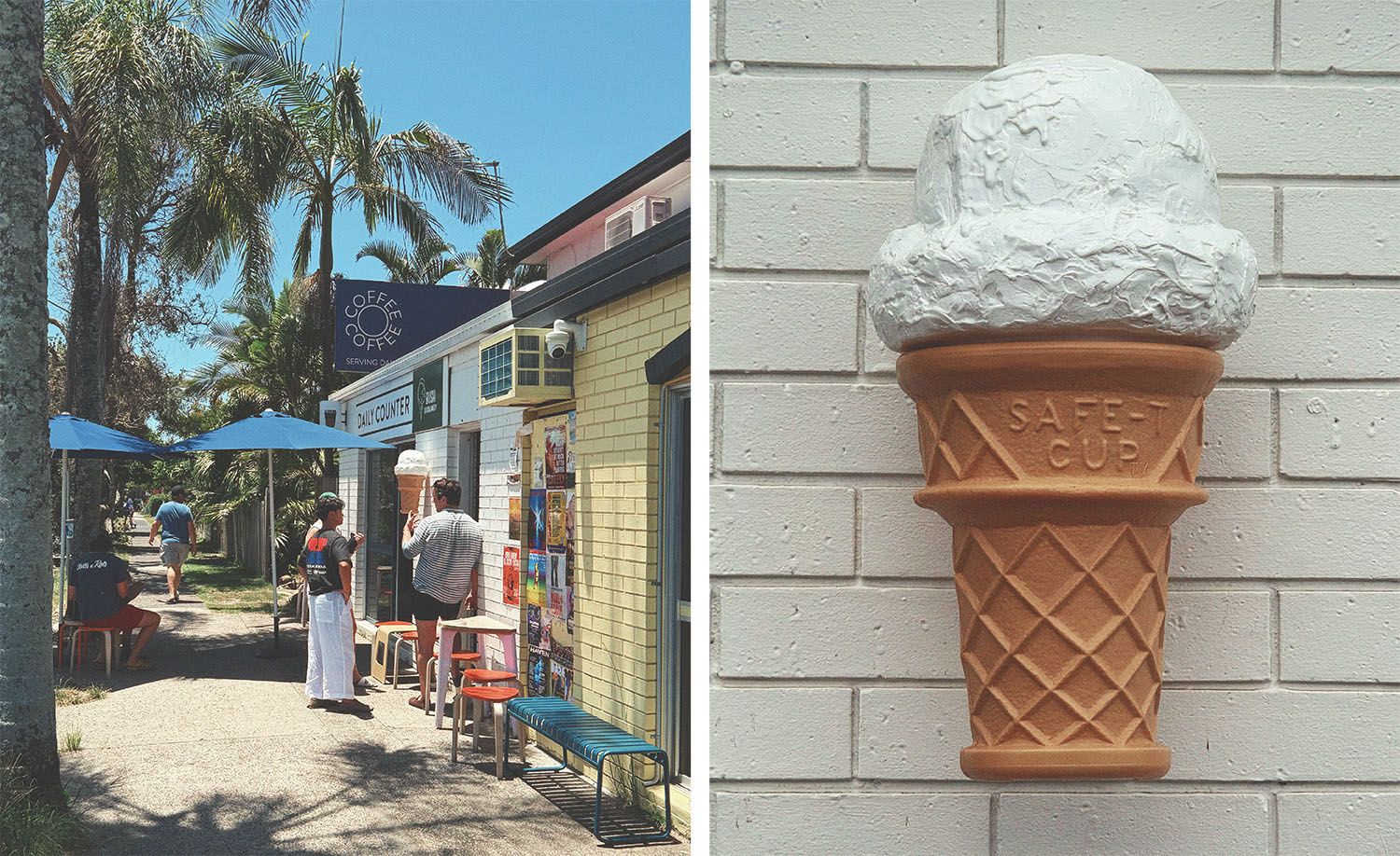 Two scenes from Bush Icecreamery in Brunswick Heads: on the left, a sun-drenched footpath scene outside the white-tiled shopfront with customers holding ice cream cones beneath towering palms and blue market umbrellas, colourful event posters plastered beside the open shopfront door and mismatched stools lining the facade against a vivid blue summer sky; on the right, a close-up of a vintage-style terracotta and white ceramic ice cream cone wall sign embossed with Safe-T Cup mounted on a whitewashed brick wall, capturing the nostalgic and irresistibly summery character of this beloved coastal town institution.