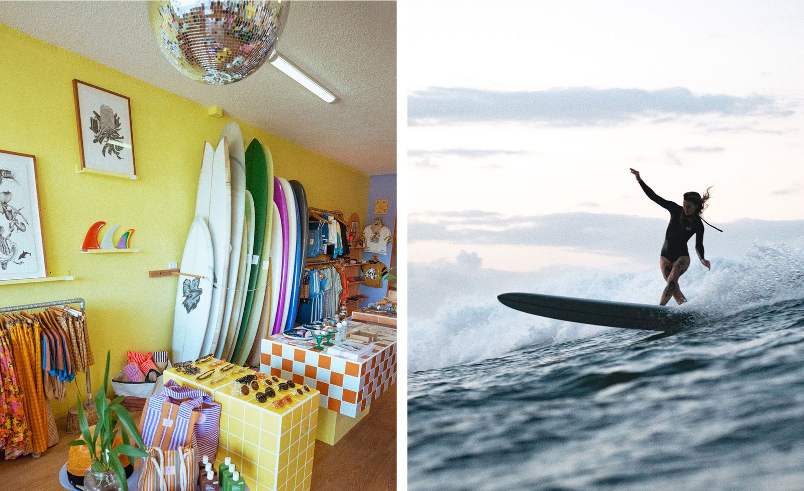Two scenes from Atmosea in Brunswick Heads: on the left, the store's chartreuse yellow interior with a glittering disco ball overhead, a rainbow of longboards leaning against the wall alongside botanical framed prints, terracotta checkerboard tiled display plinths laden with sunglasses and striped tote bags, and racks of floral garments; on the right, a surfer in a black long-sleeve wetsuit elegantly riding a dark longboard across a cresting wave beneath a pale overcast sky, capturing the effortless surf culture at the heart of the Atmosea brand.