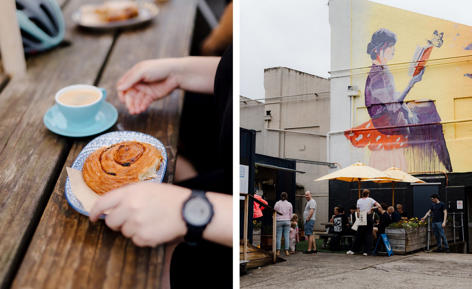 Two scenes from a visit to Alex Bakes: on the left, a close-up of a golden caramelised scroll on a blue patterned ceramic plate beside a powder blue cup of coffee on a weathered timber table; on the right, a lively outdoor gathering of cyclists and locals beneath golden yellow umbrellas in the bakery's laneway courtyard, dominated by a large-scale street art mural of a seated figure in purple and orange reading a book on a butter yellow wall, capturing the warmth and community spirit of a beloved neighbourhood bakery.
