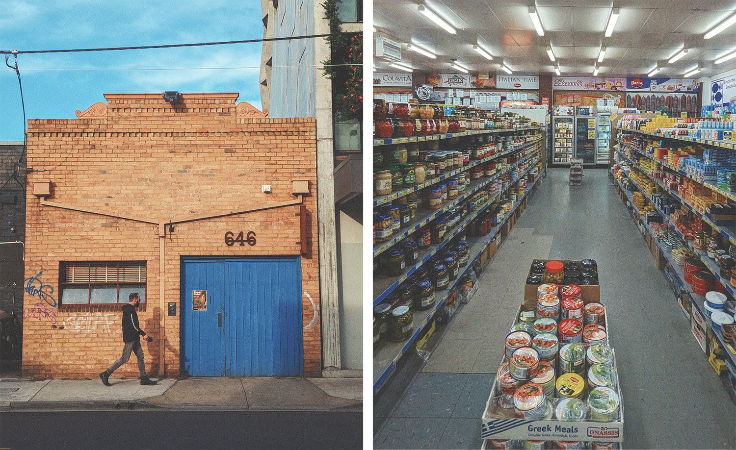 Two scenes from Thornbury: on the left, the compact honey-toned brick facade of Franklin's Bar at number 646, its bold cobalt blue double doors and ornate terracotta parapet details contrasting against a vivid blue sky as a lone pedestrian passes on the footpath; on the right, the abundantly stocked aisles of Psarakos market stretching into the distance under fluorescent lighting, floor-to-ceiling shelves densely packed with Italian and Greek pantry staples, pickled vegetables, olives and preserved goods alongside a floor display of Onassis Greek Meals, capturing the wonderfully authentic and generously stocked character of this beloved inner-north Mediterranean grocery institution.