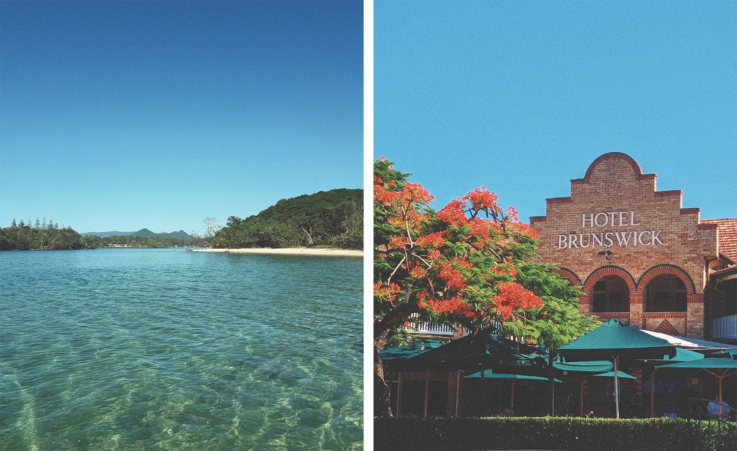 Two iconic scenes from Brunswick Heads: on the left, the crystalline turquoise waters of the Brunswick River mouth lapping over a sandy shallow flat, a white sand beach and dense green headland stretching beneath a flawless deep blue summer sky; on the right, the terracotta brick facade of Hotel Brunswick with its distinctive arched parapet and white lettering, a magnificent scarlet-flowering poinciana tree in full summer bloom framing the building above teal market umbrellas on the beer garden below, capturing the timeless and sun-drenched character of this cherished Northern Rivers town.