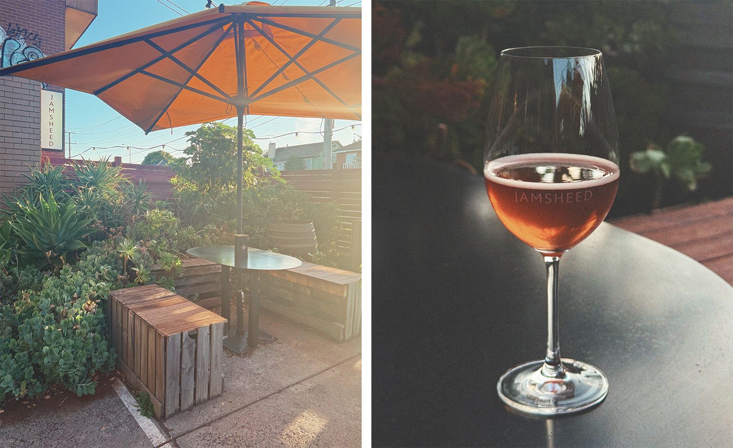 Two scenes from Jamsheed urban winery in Thornbury: on the left, the intimate outdoor courtyard bathed in warm golden afternoon light beneath a bold burnt orange market umbrella, rustic timber crate seating and a round table nestled amongst dense succulent and native plantings with festoon lights strung above and the vertical Jamsheed signage visible on the brick wall; on the right, a Jamsheed-etched stemmed wine glass filled with a luminous copper-toned rosé catching the last of the evening light on a dark tabletop, together capturing the relaxed and characterful atmosphere of this beloved neighbourhood winery.