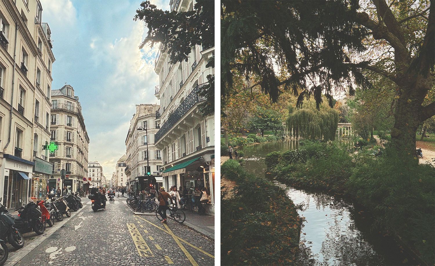 Two scenes from Batignolles in Paris: on the left, a classic Haussmann cobblestone street stretching into the distance lined with cream stone apartment buildings, wrought iron balconies and shuttered windows, a green pharmacy cross glowing above scooters, cyclists and café patrons gathered at a corner bistro beneath a dramatic cloudy sky; on the right, the serene Parc des Batignolles in autumn, a still ornamental pond reflecting weeping willows and an elegant white colonnaded folly amid golden and deep green foliage, a solitary walker visible on the path beside the water, capturing the quiet beauty and village-like charm that defines this beloved Parisian neighbourhood.
