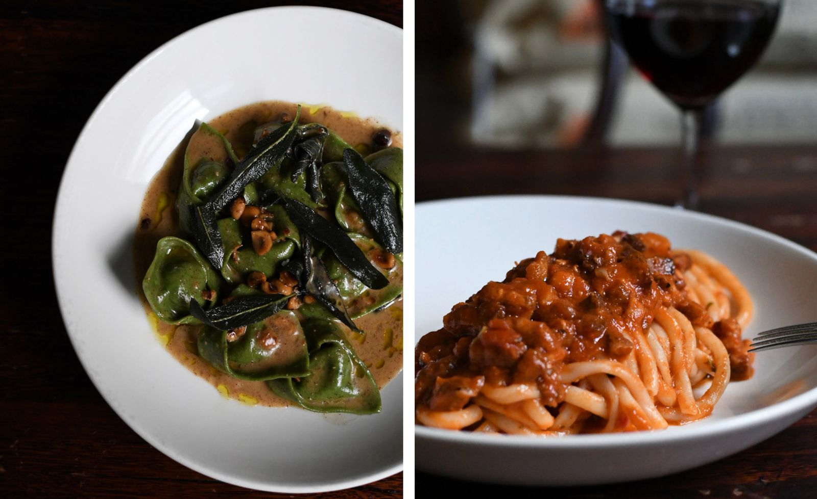 Two pasta dishes from Umberto in Thornbury: on the left, vibrant green tortellini in a rich hazelnut brown butter sauce topped with crispy fried sage leaves and toasted pine nuts served in a wide white bowl on a dark timber table; on the right, a generous mound of thick pici pasta blanketed in a deeply coloured slow-cooked meat ragù with a silver fork resting in the bowl, a glass of red wine visible in the soft-focus background, together capturing the soulful and generous Italian cooking that defines this beloved neighbourhood restaurant.