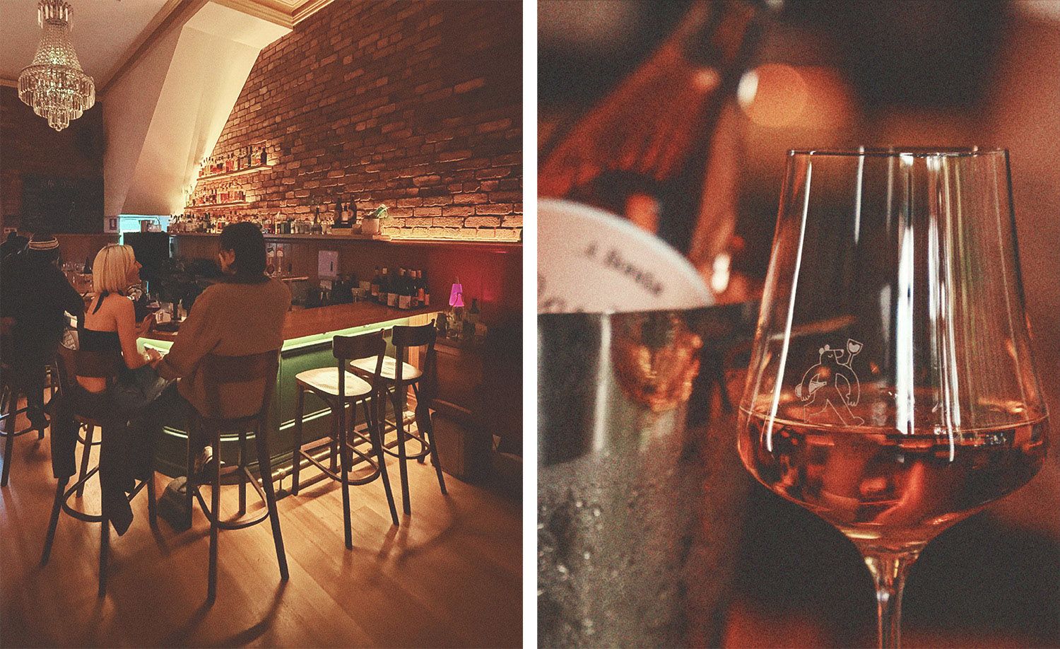 Two intimate scenes from Bear's Wine Bar in North Melbourne: on the left, two patrons seated at the warmly lit bar counter beneath a dramatic arched exposed brick ceiling lined with spirit bottles, a crystal chandelier glowing above blonde timber floors and a green neon-lit bar front, a small pink lamp adding a playful touch of colour; on the right, a close-up of the bar's signature etched wine glass holding a blush amber natural wine, a delicate bear illustration etched into the crystal catching the warm candlelight, together capturing the moody sophistication and considered personality of this beloved neighbourhood wine bar.