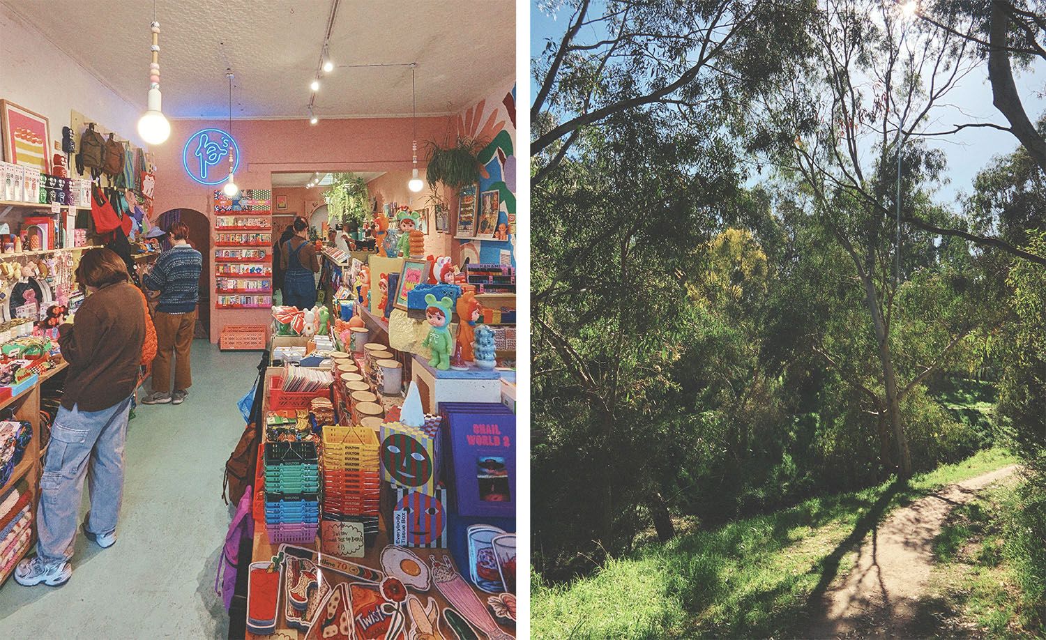 Two scenes from Melbourne's inner north: on the left, the exuberantly colourful interior of Pinky's gift store with its dusty rose walls, blue neon logo sign and globe pendant lighting, tables and shelves densely packed with designer vinyl figures, stationery, zines, enamel pins and novelty gifts as customers browse the abundant displays; on the right, a sun-dappled dirt trail winding through a dense corridor of silver-barked eucalyptus and native understorey along the Darebin Creek, long shadows cast across the lush green grass capturing the serene and restorative character of this beloved urban bushland walk.