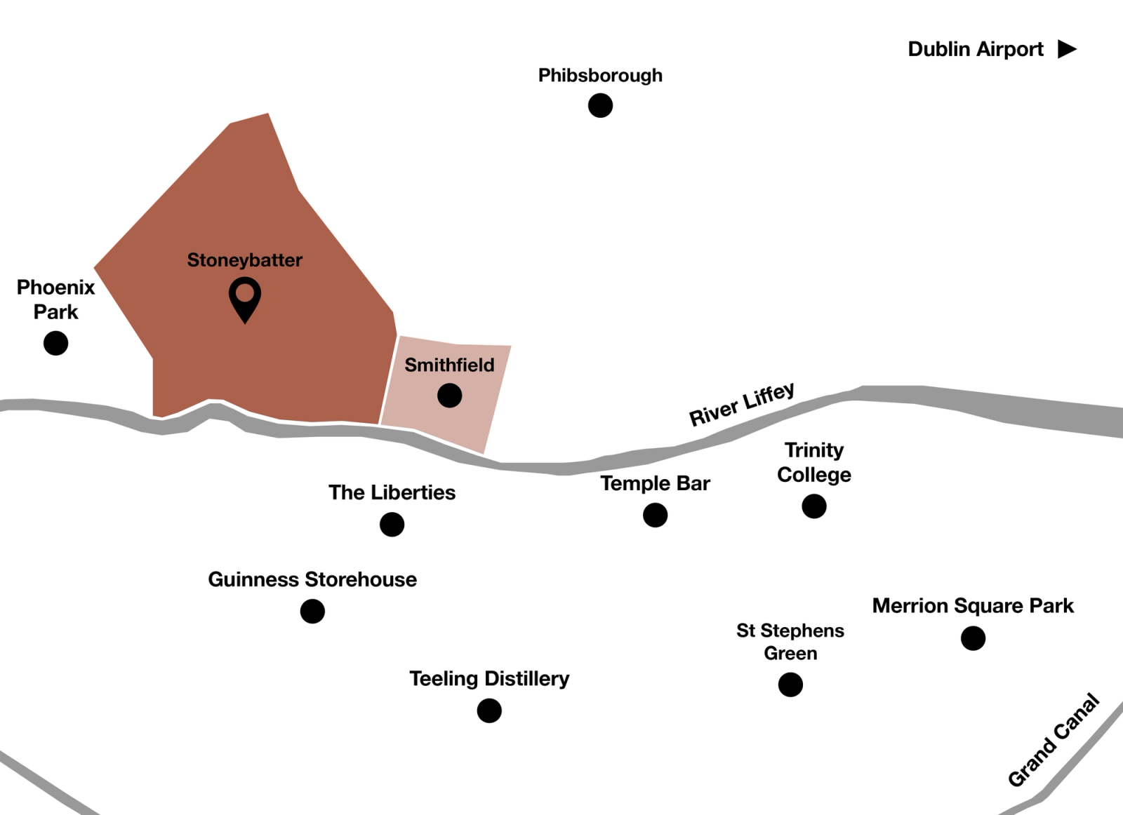 Illustrated neighbourhood map of Stoneybatter in Dublin highlighted in terracotta, showing its position north of the River Liffey relative to key landmarks including Phoenix Park, Smithfield, Temple Bar, Trinity College, the Guinness Storehouse, and the Grand Canal, with Dublin Airport indicated to the northeast.