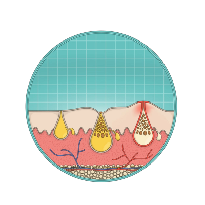 Left: A healthy, oil-producing pore. Center: an open comedone aka “blackhead.” Right: A pimple is an inflamed, ruptured pore.