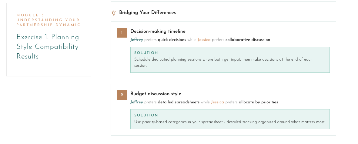 Screen shot from the Legacy Wedding Blueprint showing planning style compatibility results