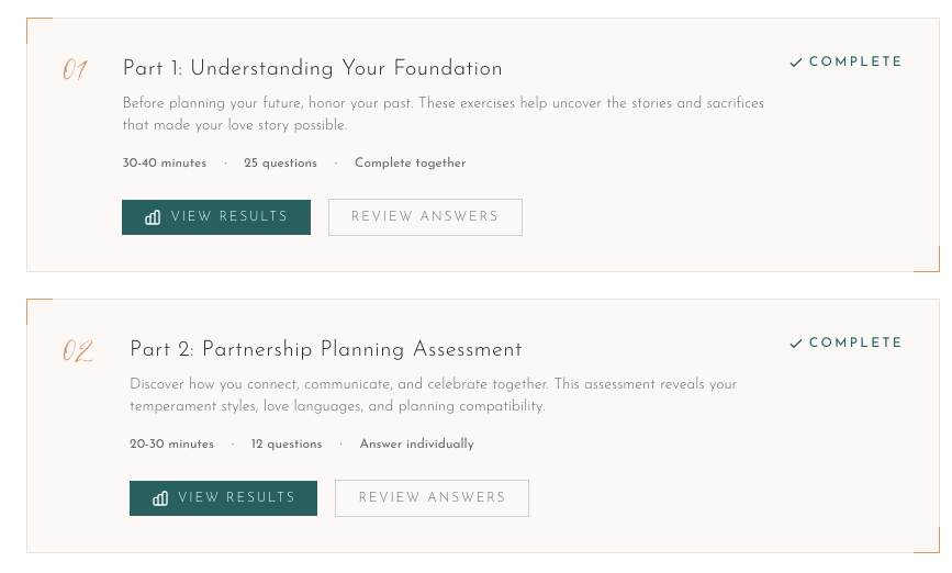 Image showing two out of the 3 parts for the Legacy Wedding Blueprint- Understanding Your Foundation, and Partnership Planning Assessment