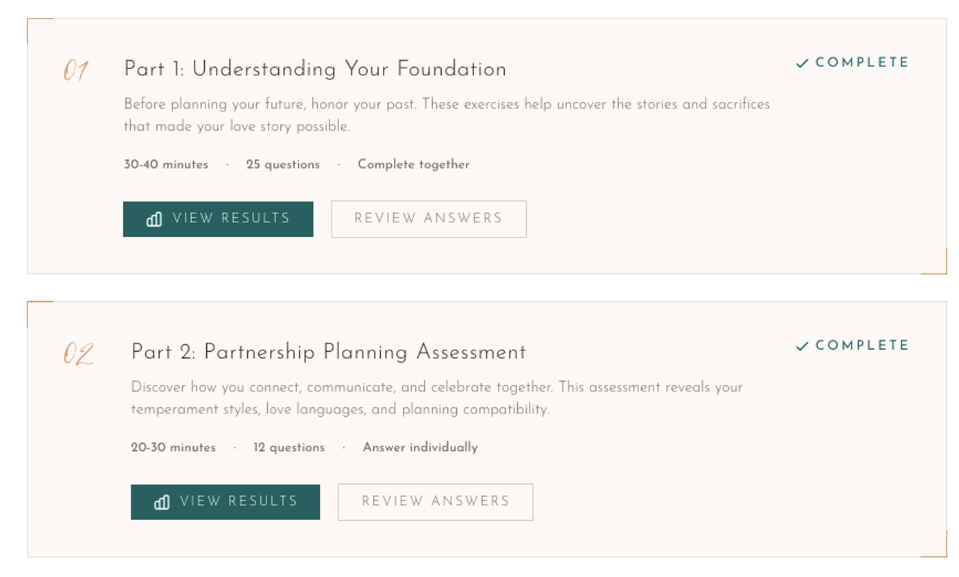 Image showing two out of the 3 parts for the Legacy Wedding Blueprint- Understanding Your Foundation, and Partnership Planning Assessment