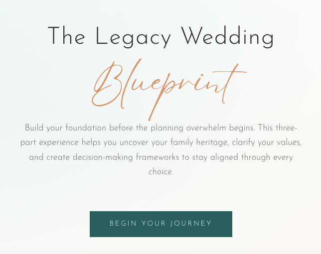 The Legacy Wedding Blueprint interactive assessment log in screen showing personalized wedding planning recommendations based on couple's temperament types and values