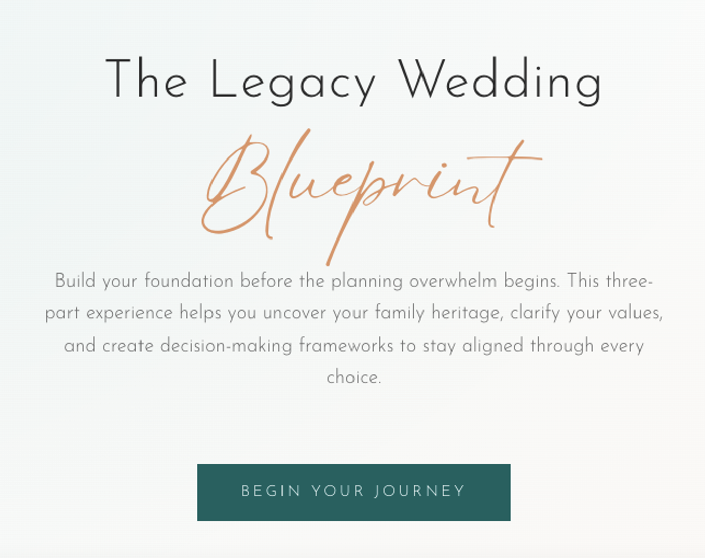 The Legacy Wedding Blueprint interactive assessment log in screen showing personalized wedding planning recommendations based on couple's temperament types and values