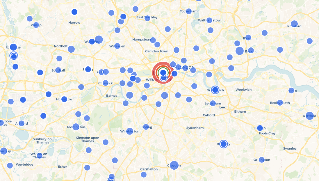 Map of BioChef client locations across Greater London and surrounding areas
