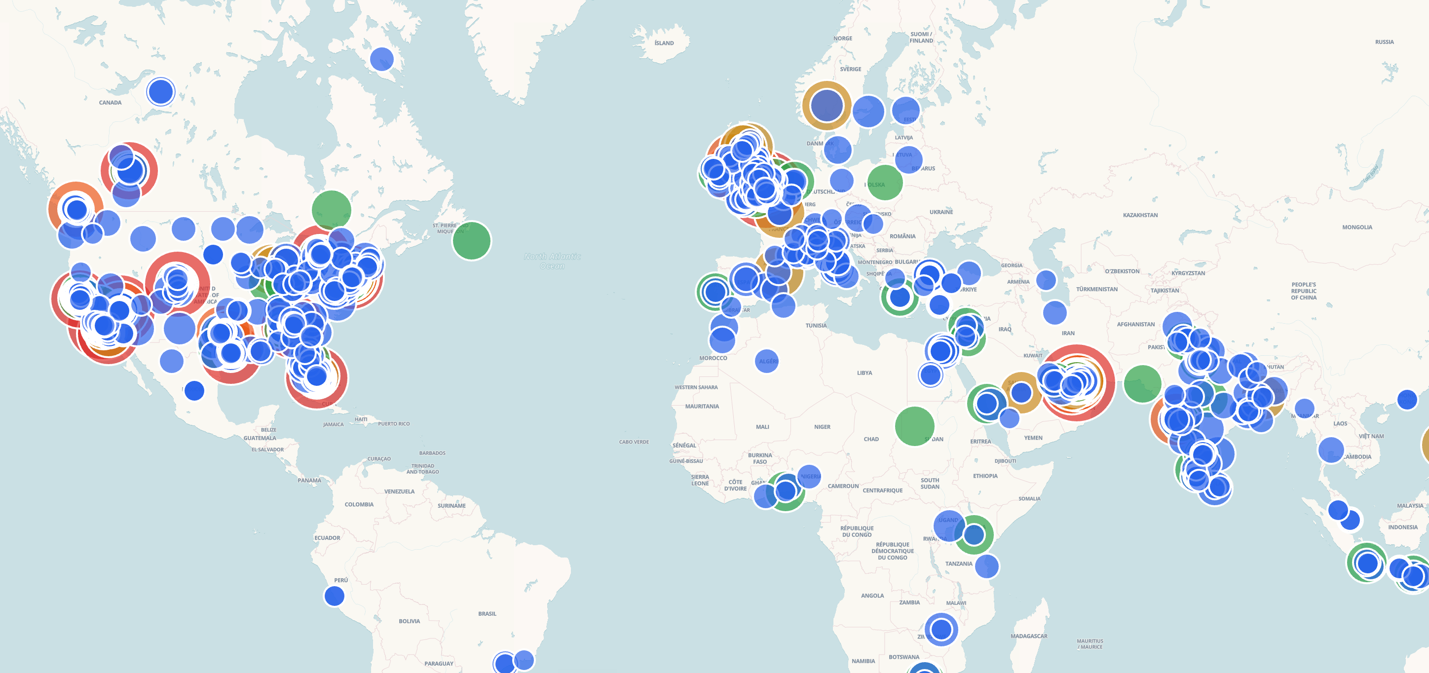 World map with clustered markers across North America, Europe, the Middle East and Asia