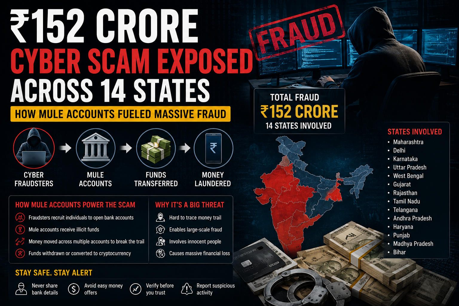 ₹152 Crore Cyber Scam Exposed Across 14 States – How Mule Accounts Fueled Massive Fraud