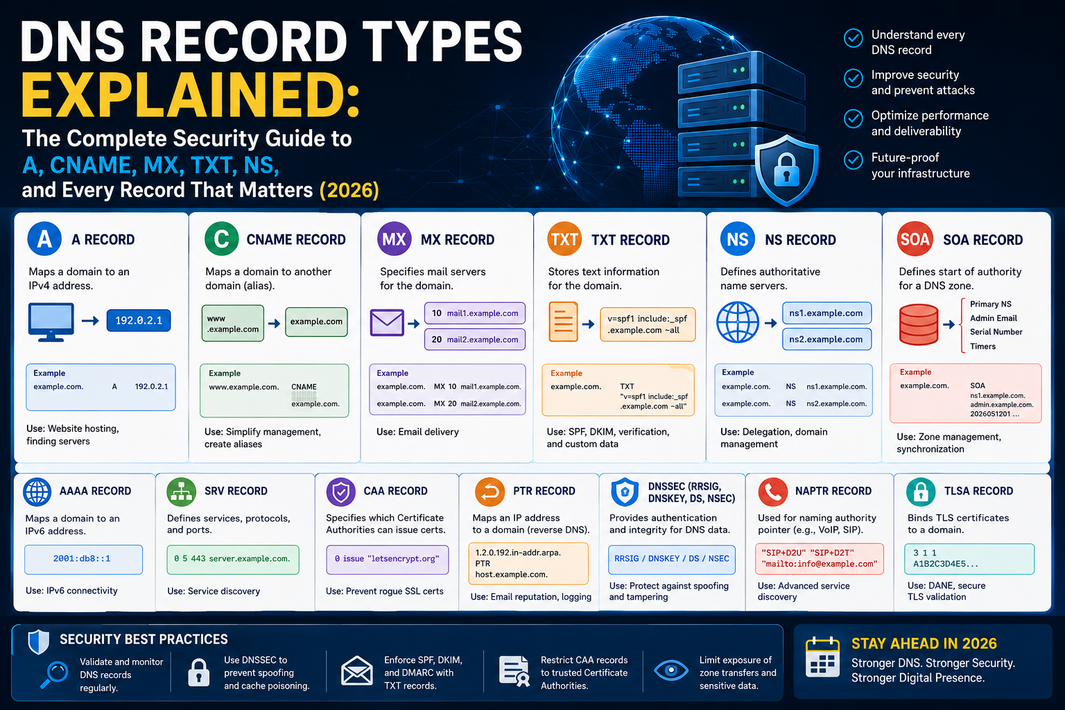 DNS Record Types Explained: The Complete Security Guide to A, CNAME, MX, TXT, NS, and Every Record That Matters (2026)