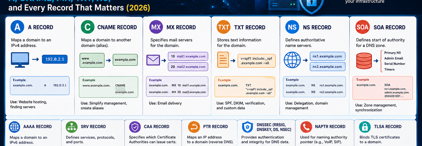 DNS Record Types Explained: The Complete Security Guide to A, CNAME, MX, TXT, NS, and Every Record That Matters (2026)