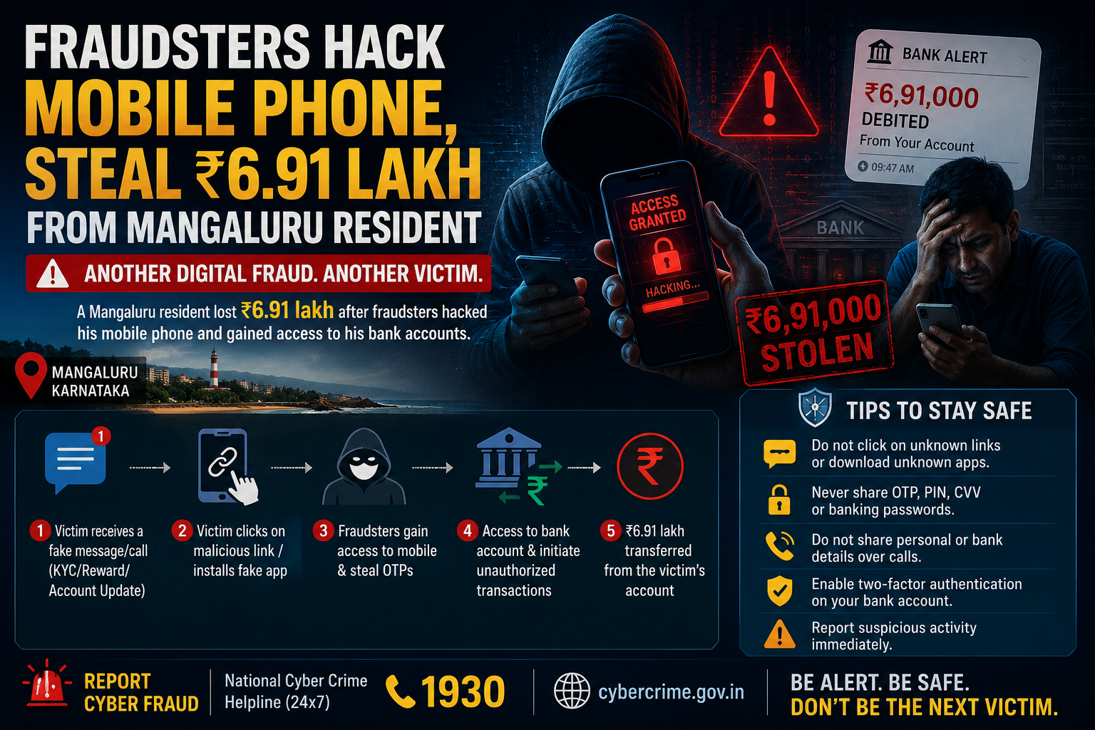 Fraudsters Hack Mobile Phone, Steal ₹6.91 Lakh From Mangaluru Resident