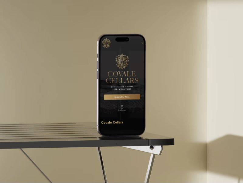 iPhone mockup showing Covale Cellars website homepage designed by YNOT CREATIVE
