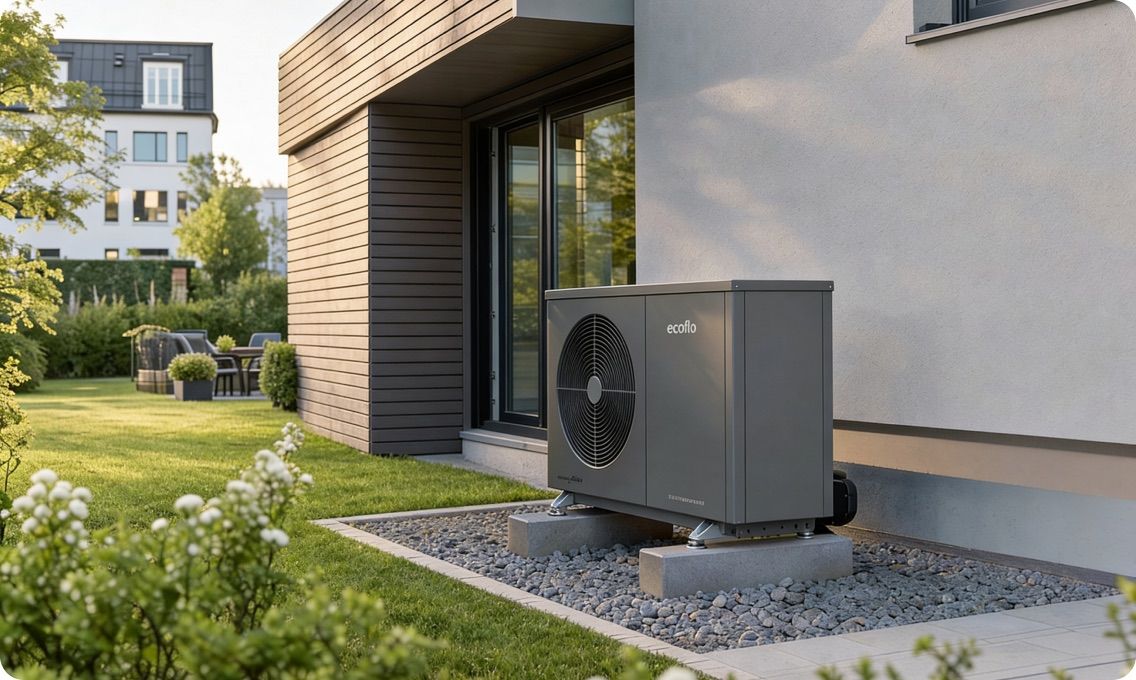 Außeneinheit einer Wärmepumpe im Garten eines Berliner Hauses