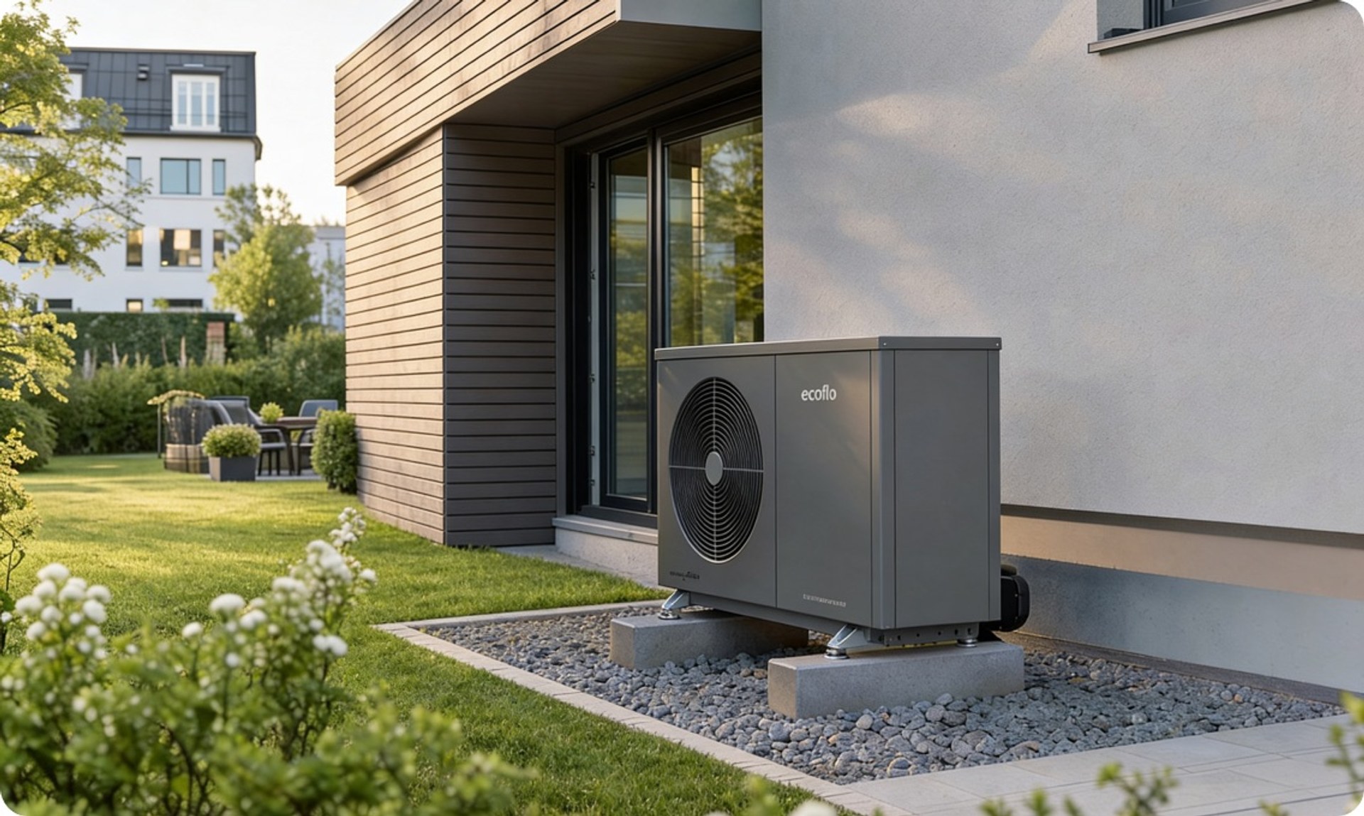 Außeneinheit einer Wärmepumpe im Garten eines Berliner Hauses
