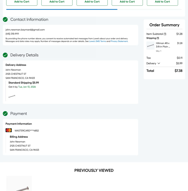 Order confirmation step on the Lowe's website