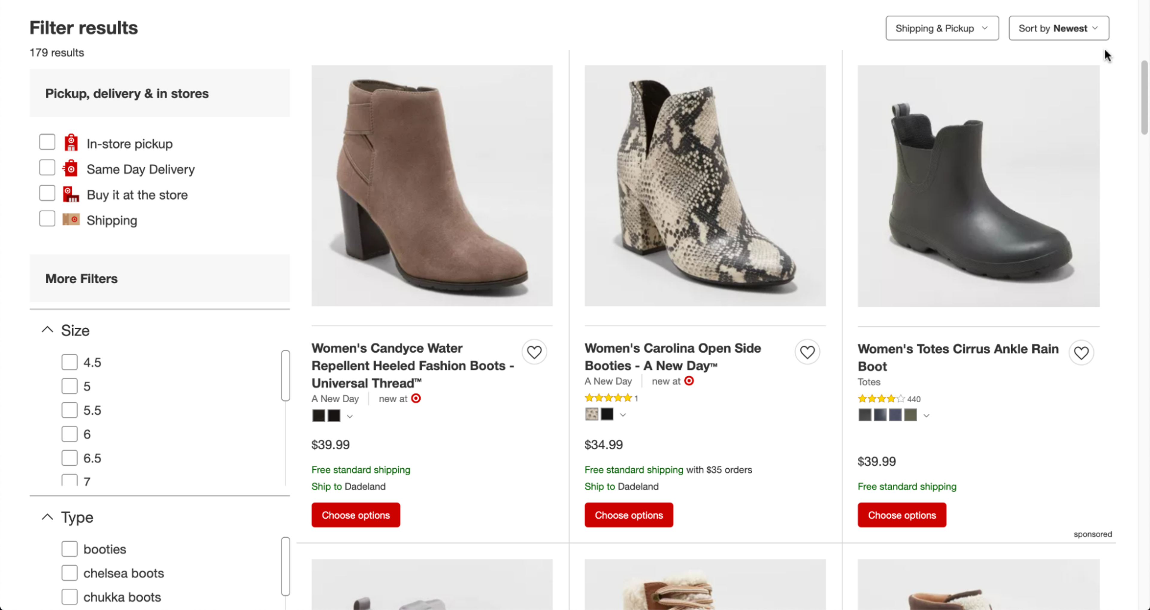 Target product listing page showing women's boots and a filter sidebar