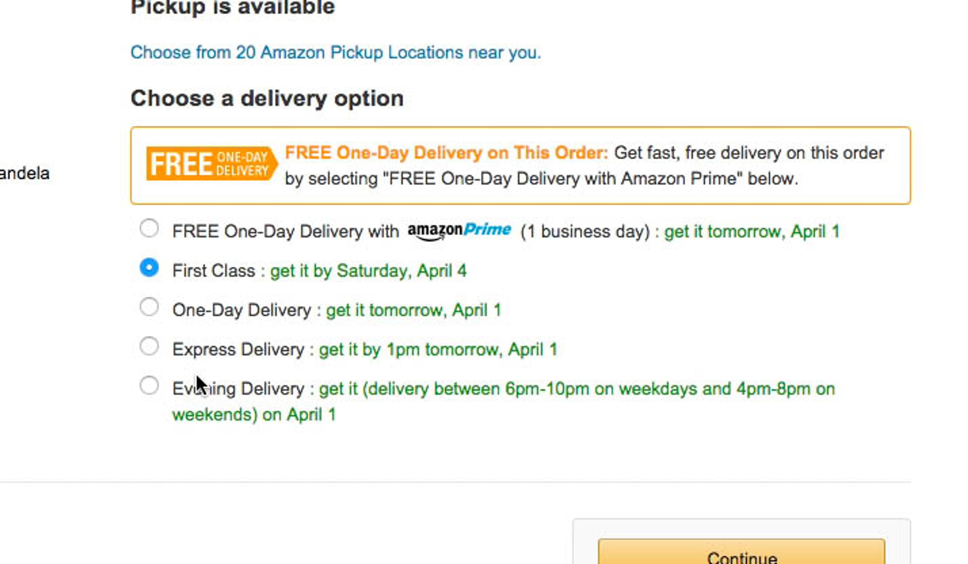 Delivery date option selection screen on Amazon
