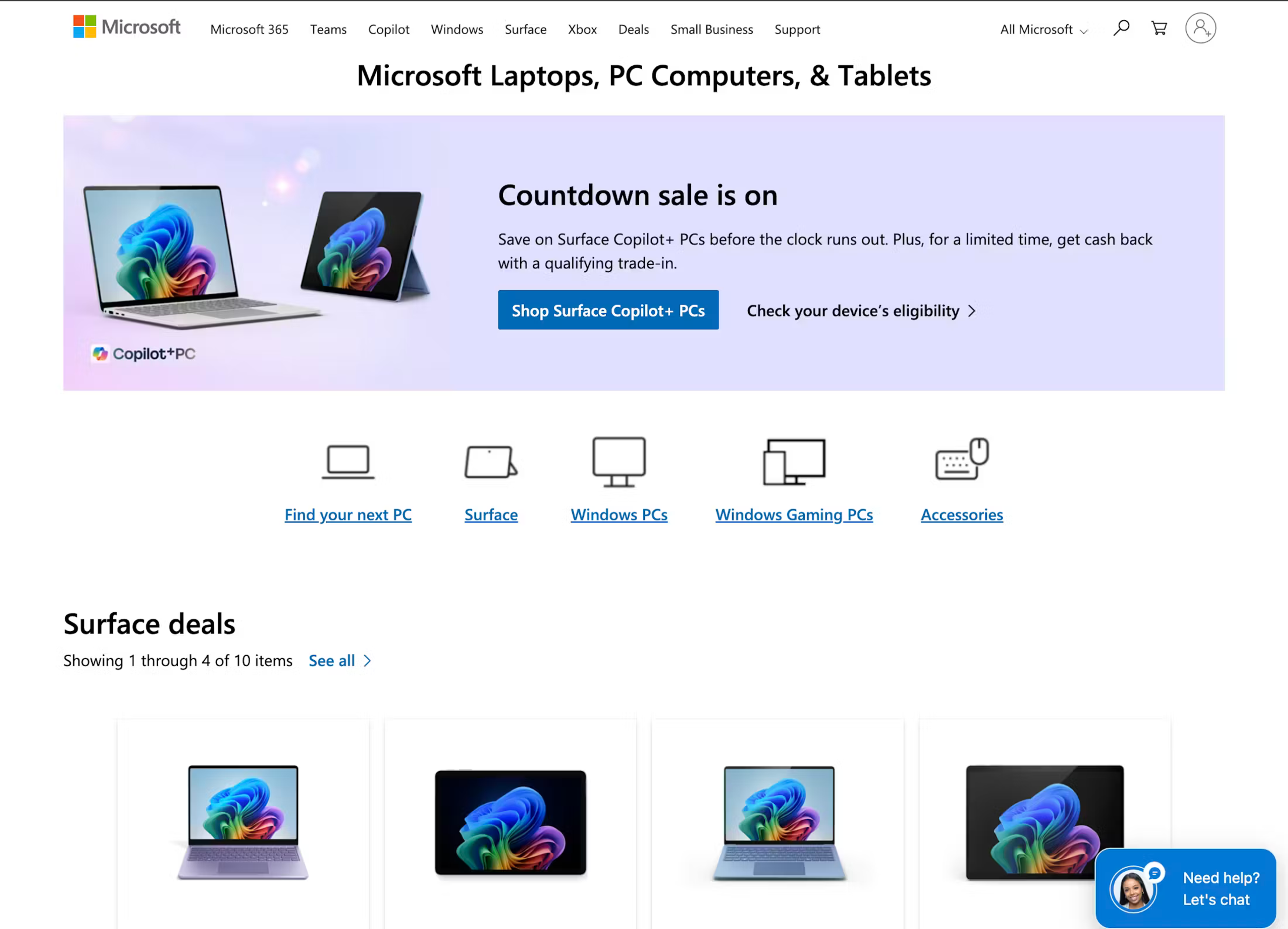 Category page on the Microsoft website showing laptops, PCs, and tablets