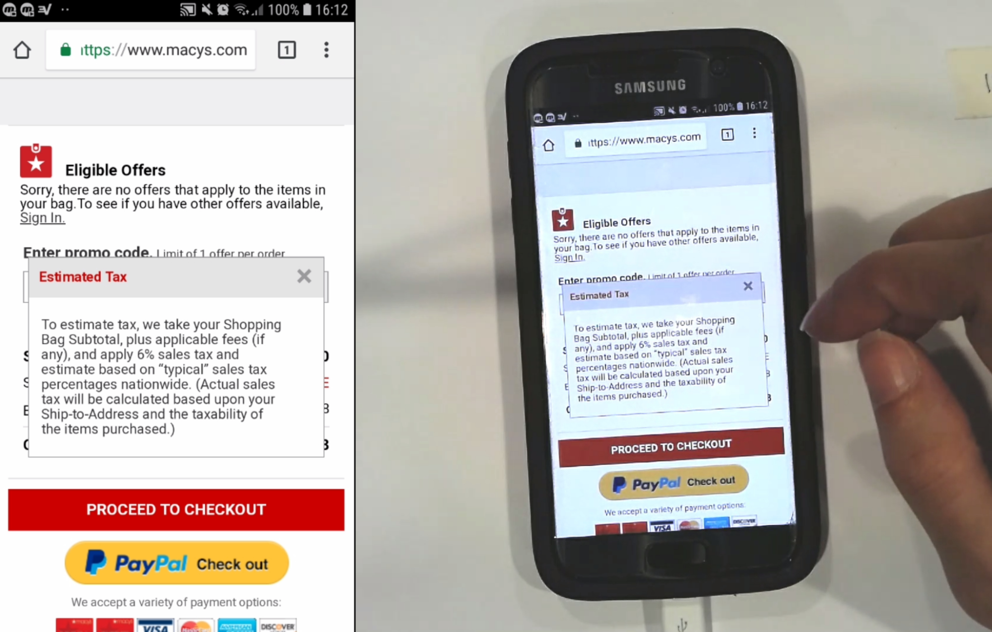 A user reading a tooltip about estimated tax on the Macy's website, on a Samsung smartphone