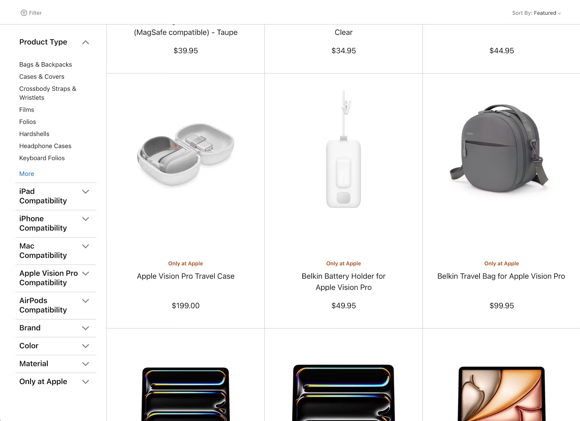 Apple PLP showing Apple Vision Pro accessories