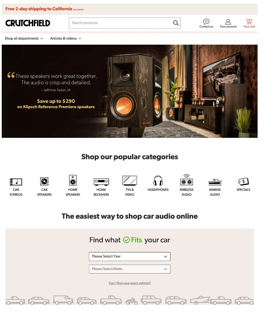Crutchfield’s home page with a prominent search field