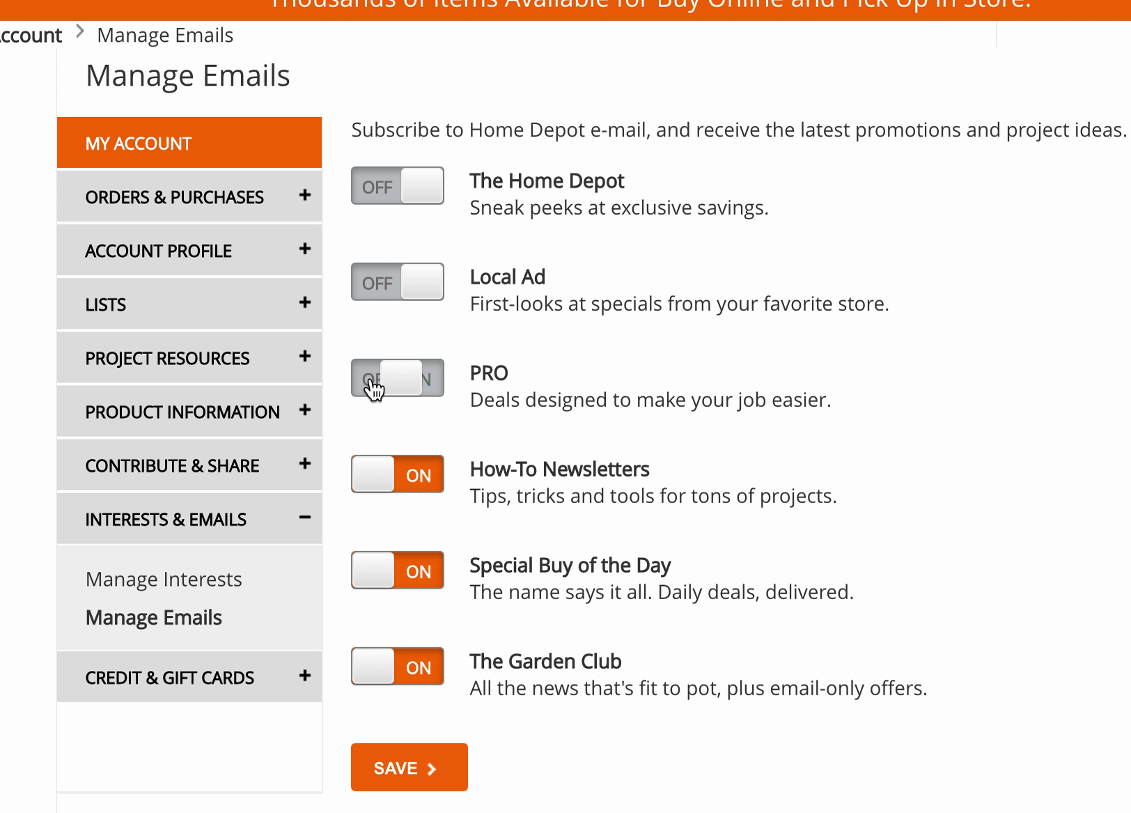Home Depot's "Manage Emails" screen, showing various email settings