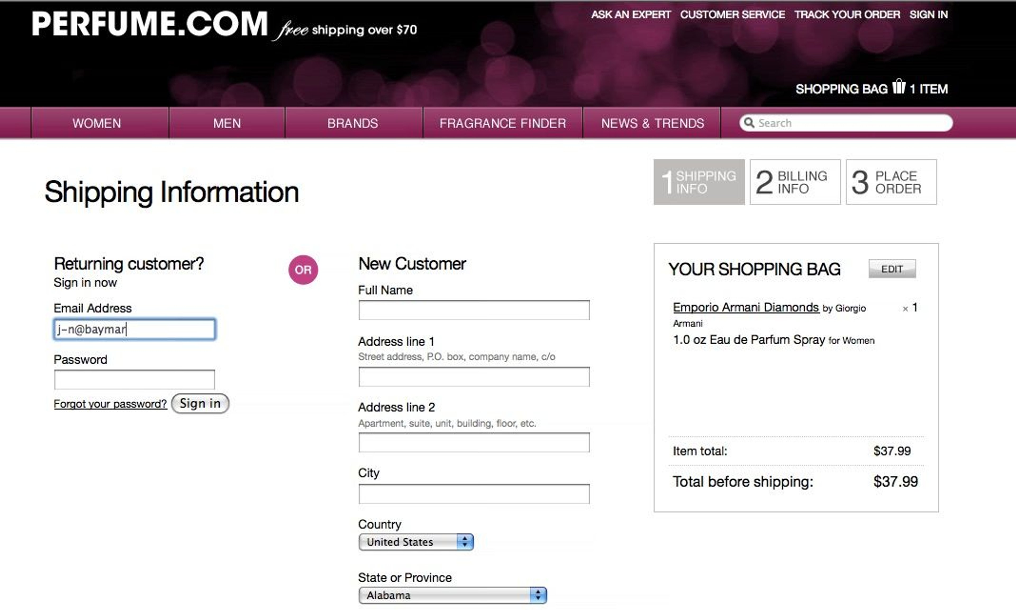 Cart page on Perfume.com shown in two columns which causes confusion for users