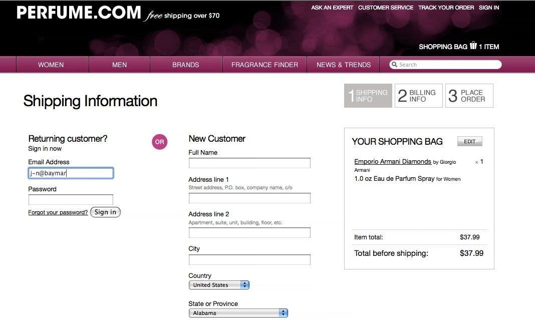 Cart page on Perfume.com shown in two columns which causes confusion for users